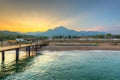 Amazing sunset on the coast of Turkish Riviera with Mount Tahtali in background, Tekirova