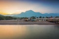 Amazing sunset on the coast of Turkish Riviera with Mount Tahtali in background, Tekirova