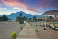 Amazing sunset on the coast of Turkish Riviera with Mount Tahtali in background, Tekirova