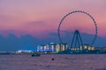 Amazing sunset colors over the sea view to the Ain Dubai, giant Ferris at Bluewaters Island close to JBR beach. Royalty Free Stock Photo