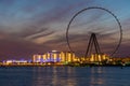 Amazing sunset colors over the sea view to the Ain Dubai, giant Ferris at Bluewaters Island close to JBR beach. Royalty Free Stock Photo