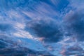 Amazing sunset cumulus and cirrus cloud on blue sky. Nature, climate background