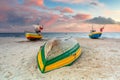 Amazing sunset with fishing boats at the beach of Baltic Sea in Sopot, Poland Royalty Free Stock Photo