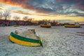 Amazing sunset with fishing boats at the beach of Baltic Sea in Sopot, Poland Royalty Free Stock Photo