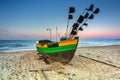 Amazing sunset with fishing boats at the beach of Baltic Sea in Sopot, Poland Royalty Free Stock Photo