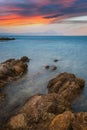 Amazing sunset on Halkidiki, Karidi Beach, Sithonia peninsula, Vourvourou, Greece, Europe. Dramatic evening seascape of the Medite Royalty Free Stock Photo