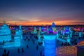 Amazing sunset during the Ice and Snow Sculpture Festival, Harbin, China.