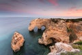 Amazing sunset at Marinha Beach in the Algarve, Portugal. Landscape with strong colors of one of the main holiday destinations in