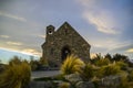 Amazing sunset at the most beautiful Church Of The Good Shepherd by Lake Tekapo, South Island, New Zealand. Dramatic sky, evening Royalty Free Stock Photo