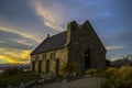 Amazing sunset at the most beautiful Church Of The Good Shepherd by Lake Tekapo, South Island, New Zealand. Dramatic sky, evening Royalty Free Stock Photo