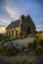 Amazing sunset at the most beautiful Church Of The Good Shepherd by Lake Tekapo, South Island, New Zealand. Dramatic sky, evening Royalty Free Stock Photo