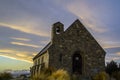 Amazing sunset at the most beautiful Church Of The Good Shepherd by Lake Tekapo, South Island, New Zealand. Dramatic sky, evening