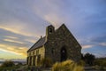 Amazing sunset at the most beautiful Church Of The Good Shepherd by Lake Tekapo, South Island, New Zealand. Dramatic sky, evening Royalty Free Stock Photo