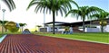 Amazing sunset in mountains near contemporary ecological comfortable estate. Red brick walkway with curb. Palms and strange steel