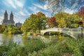 Amazing sunset over Bow Bridge and The Lake in Central Park. Foliage colors of New York City Royalty Free Stock Photo