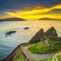 Amazing sunset over the Dunquin bay of Dingle Peninsula, Co.Kerry. Ireland Royalty Free Stock Photo