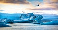 Amazing sunset over the famous glacier lagoon Jokulsarlon, view of icebergs floating. Location: Jokulsarlon glacier lagoon, Royalty Free Stock Photo