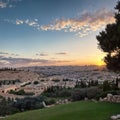 Amazing sunset over Jerusalem: view of Kidron Valley from the southern neighbourhoods to the Old City and
