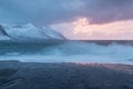 Amazing Sunset Over Mountain And Fjord, Winter Landscape, Norway The sun sets on the Norwegian Alps and the blue hour. Royalty Free Stock Photo