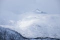 Amazing Sunset Over Mountain And Fjord, Winter Landscape, Norway The sun sets on the Norwegian Alps and the blue hour Royalty Free Stock Photo