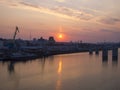 Amazing sunset over the river and industrial landscape. Royalty Free Stock Photo