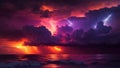 Amazing sunset over the stormy sea thunder and lightning in the background