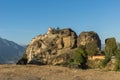 Amazing Sunset Panorama of Holy Monastery of Varlaam in Meteora, Greece Royalty Free Stock Photo