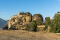 Amazing Sunset Panorama of Holy Monastery of Varlaam in Meteora, Greece Royalty Free Stock Photo