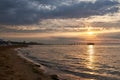 Amazing Sunset on the Sea. Adriatic sea with shore. Lignano Sabbiadoro, Italy. Royalty Free Stock Photo