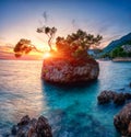 Amazing sunset seascape, scenic view of Brela stone, a symbol of Adriatic resort. Travel background, Croatia Royalty Free Stock Photo