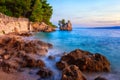 Amazing sunset seascape, scenic view of Brela stone, a symbol of Adriatic resort. Travel background, Croatia Royalty Free Stock Photo