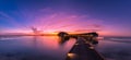 Sunset on Maldives island, luxury water villas resort and wooden pier. Beautiful sky and clouds and beach background Royalty Free Stock Photo