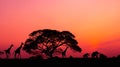 Amazing sunset and sunrise.Panorama . silhouette tree on africa.Dark tree on open field dramatic sunrise.Safari theme.Giraffes. Royalty Free Stock Photo
