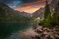 Amazing sunset in the Tatra Mountains above Eye of the Sea Lake, Poland Royalty Free Stock Photo