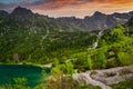 Amazing sunset in the Tatra Mountains above Eye of the Sea Lake, Poland Royalty Free Stock Photo