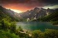 Amazing sunset in the Tatra Mountains above Eye of the Sea Lake, Poland Royalty Free Stock Photo