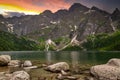 Amazing sunset in the Tatra Mountains above Eye of the Sea Lake, Poland Royalty Free Stock Photo