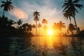 Amazing sunset on tropical beach with silhouettes of palm trees. Nature. Royalty Free Stock Photo