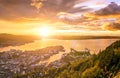 Amazing sunset view of City of Bergen from Floyen mountain. Norway. Royalty Free Stock Photo