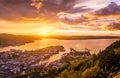 Amazing sunset view of City of Bergen from Floyen mountain. Norway. Royalty Free Stock Photo