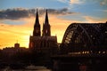 Amazing sunset view on Cologne Cathedral and Hohenzollern Bridge in Koel, Germany Royalty Free Stock Photo