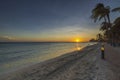 Amazing sunset view of from hotel beach of Aruba Island. Caribbean. . Royalty Free Stock Photo