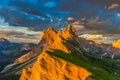 Amazing sunset view of Odle Mountain in Dolomites, Italy from Seceda summit