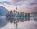 Amazing sunset view of popular tourist destination  Bled lake Royalty Free Stock Photo