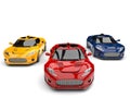 Amazing super sports cars - red, blue and yellow - red in front