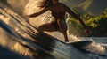 Amazing surfer girl riding a wave in the ocean in at sunset. Generative AI Royalty Free Stock Photo