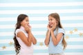 Amazing surprising news. Girls excited expression. Girls kids just heard amazing news. Surprised children excited about Royalty Free Stock Photo