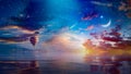 Crescent moon, hot air balloon and comet in sunset starry sky Royalty Free Stock Photo