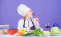 Amazing taste. Woman chef wear hat apron near table ingredients. Girl adorable chef teach culinary. Best culinary Royalty Free Stock Photo