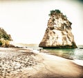 Amazing Te Hoho Rock at sunset, Cathedral Cove Marine Reserve, Coromandel Peninsula, New Zealand Royalty Free Stock Photo